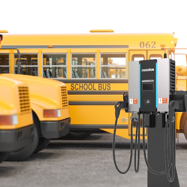 noodoe dc30p - site scenarios - dc chargers - 30kw charger - fast charging station - fast charger for ev - electric vehicle charging station - fleet - charge point operator - school bus - yellow school bus - clean bus - green energy