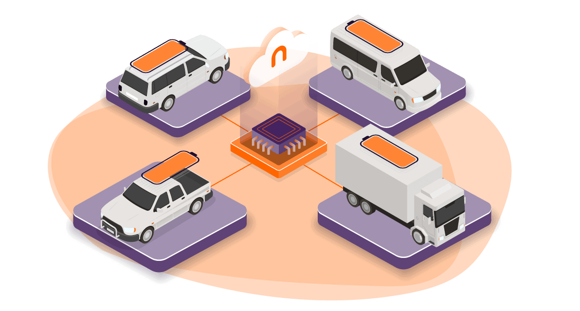 Four electric vehicles are connected to a central management hub. One pick up truck, one sedan, one van, and one heavy duty truck.