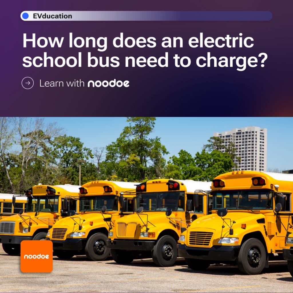 Four yellow electric-powered school buses are lined up and ready to go. - clean buses - electric bus charging - bus charging station