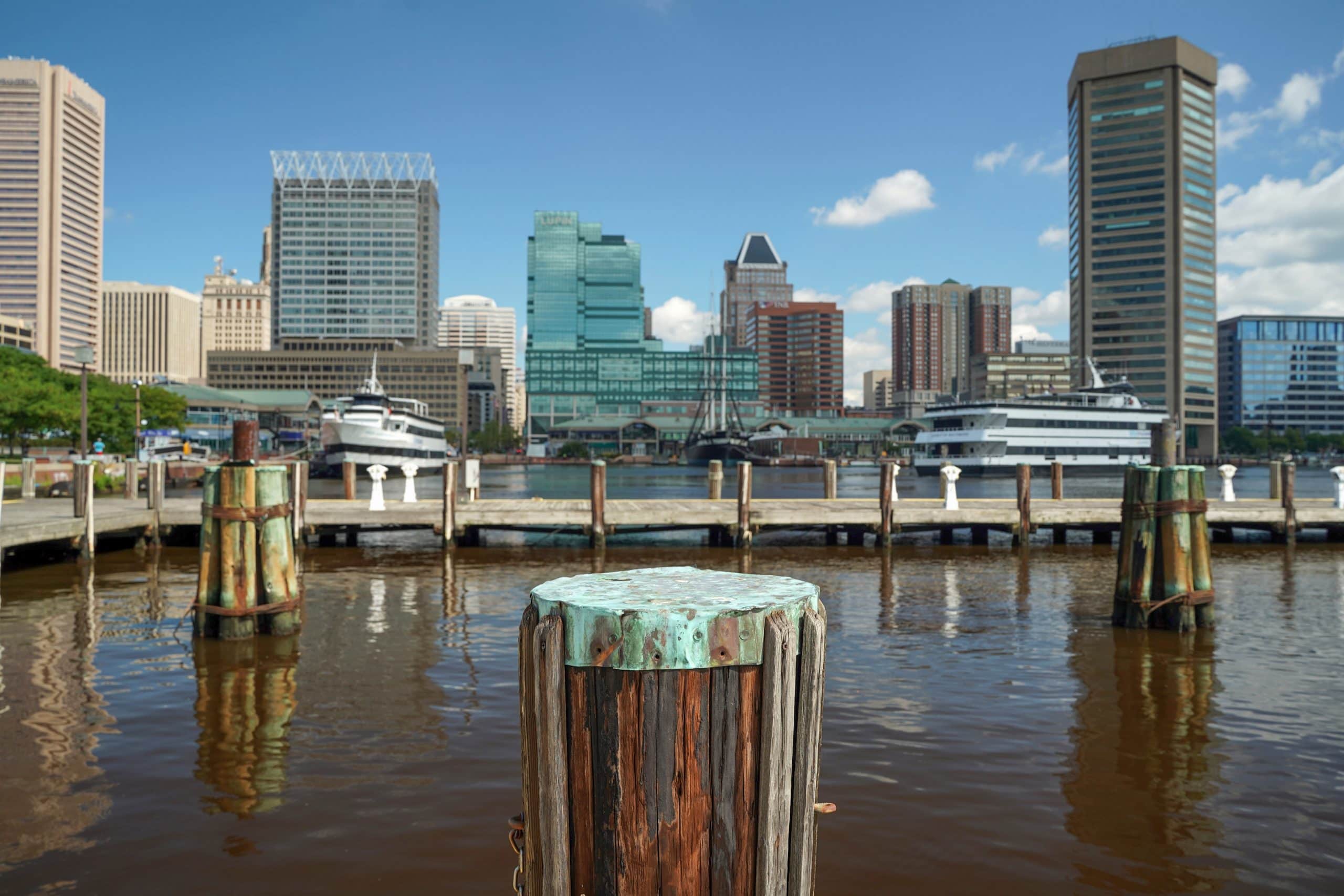 Maryland harbor with commercial building skyline